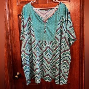 Woman Within 4X (34/36) V Neck Pullover Turquoise Geometric Print